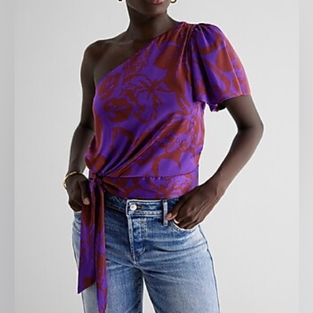 Express Satin Printed One Shoulder Tie Waist Top Sz S